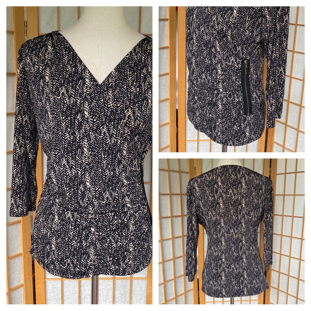 Ellen Tracy Black/Tan Crossover Ruched Stretch Top SZ M
